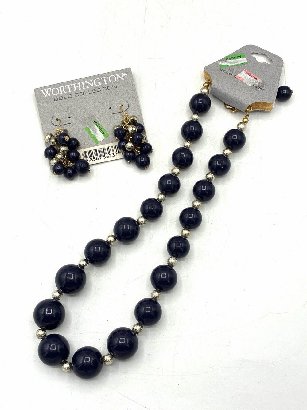 Worthington Bold Collection Navy Blue Bead Necklace Earrings Set NOS